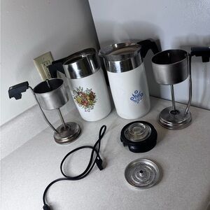 10 cup Corningware White Electric Percolator Pair with Stainless Accents READ